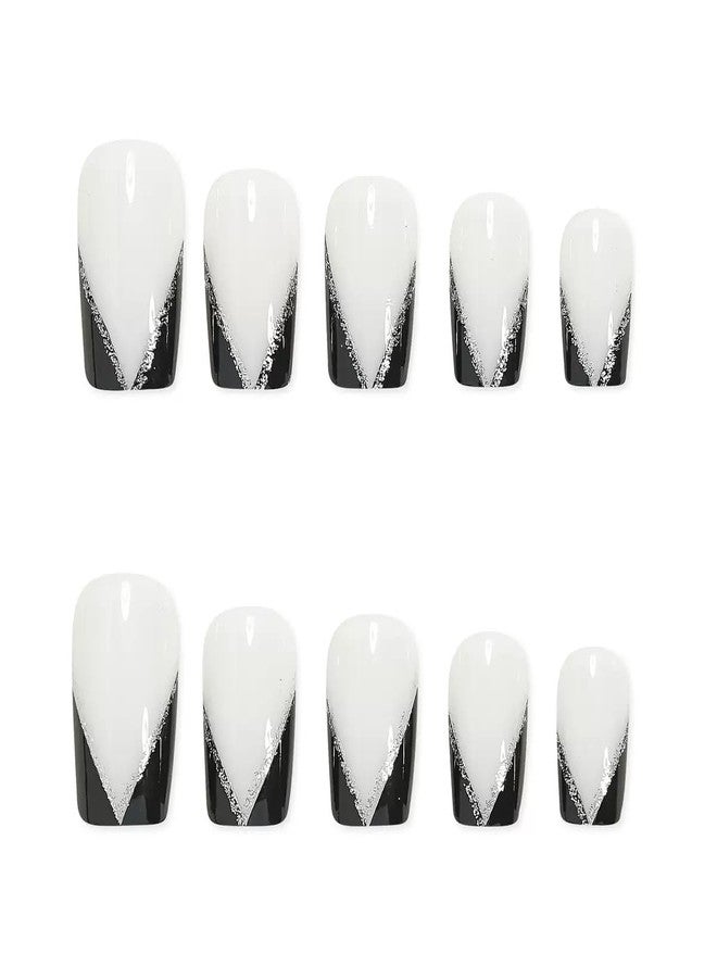 CTTHNBD Square Press on Nails Medium - Black French Tip Fake Nails with Glitter Design - Wihte False Nails， Glossy Stick on - for Women 24 Pcs - Image 4